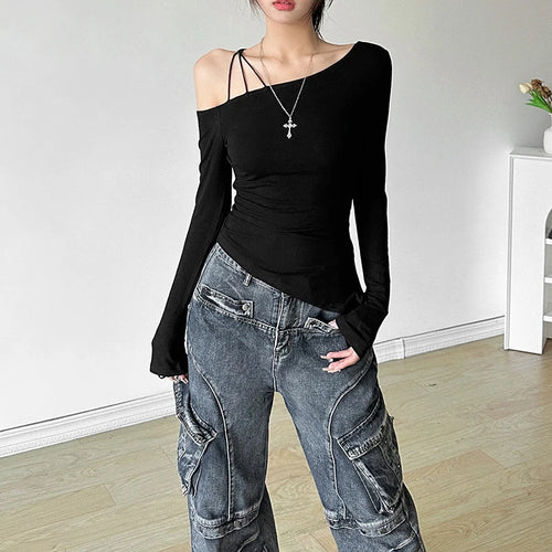 Load image into Gallery viewer, y2k Cold Shoulder Top Women Clothes Solid Color Slant Neck Long Sleeve Asymmetric Hem T Shirts 2000s Gothic Clothing
