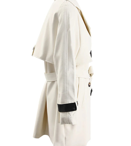 Women Beige Color-block Leather Big Size Trench New Lapel Long Sleeve Windbreaker Fashion Tide Spring Autumn 2025 CPG1307