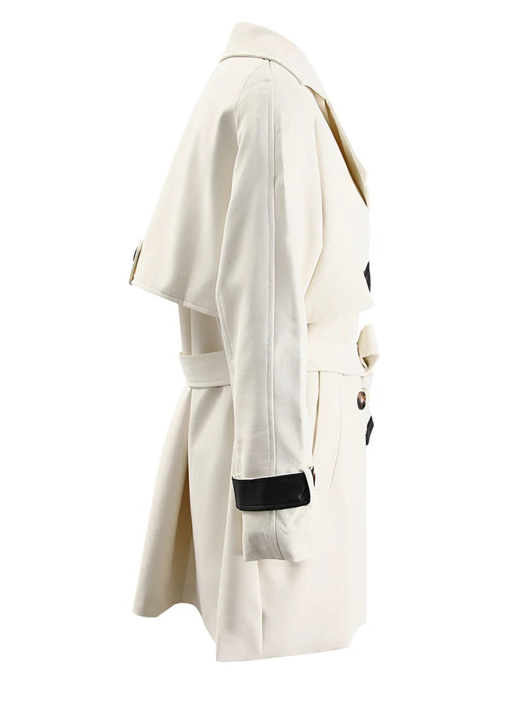 Women Beige Color-block Leather Big Size Trench New Lapel Long Sleeve Windbreaker Fashion Tide Spring Autumn 2025 CPG1307