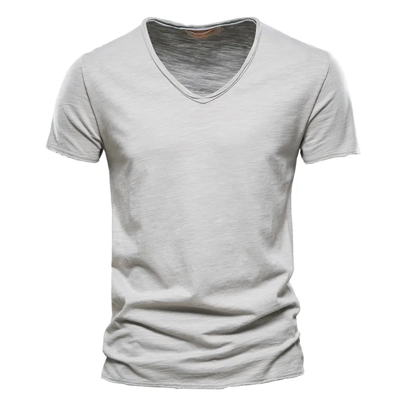 Brand Quality 100% Cotton Men T-shirt V-neck Fashion Design Slim Fit Soild T-shirts Male Tops Tees Short Sleeve T Shirt For Men v1