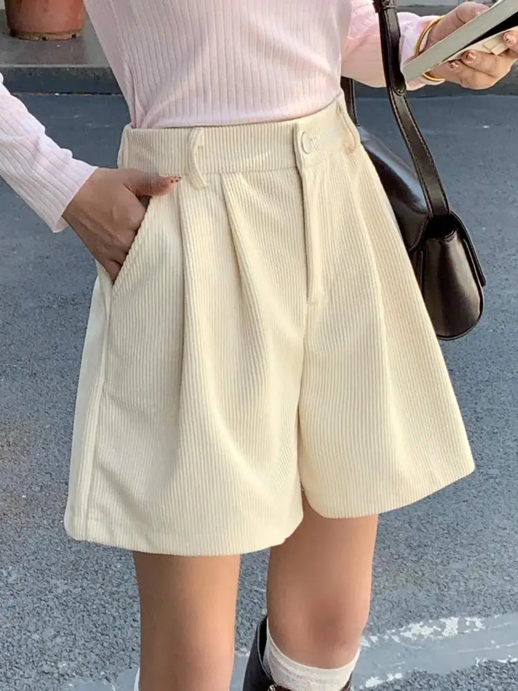 Korean Fashion Women Black High Waist Corduroy Shorts Autumn Winter Lady Beige Wide Legs Short Pant Simplicity Casual Streetwear