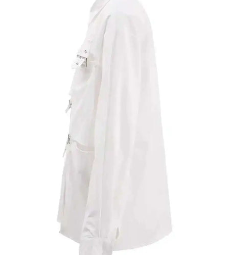 Women White Buckle Pocket Big Size Casual Blouse New Lapel Long Sleeve Shirt Fashion Tide Spring Autumn 2025 CPG1715