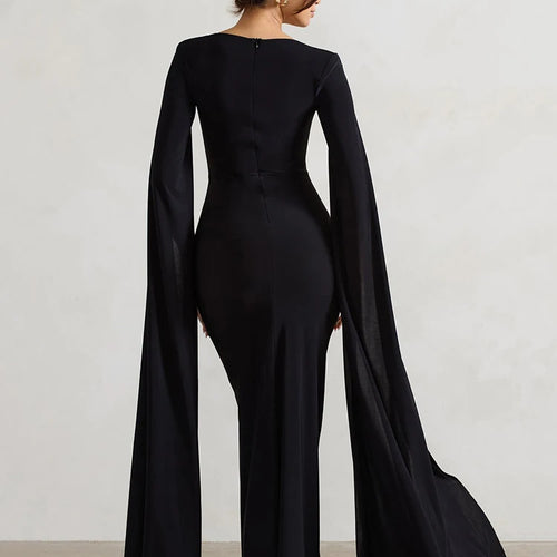 Load image into Gallery viewer, Long Cape Sleeve Split Maxi Dress For Women Gown Fashion Solid Square Collar Evening Sexy Long Dress Elegant New
