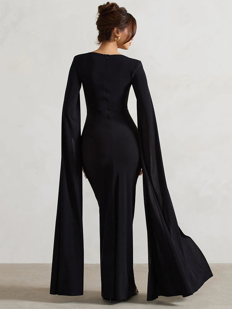 Long Cape Sleeve Split Maxi Dress For Women Gown Fashion Solid Square Collar Evening Sexy Long Dress Elegant New