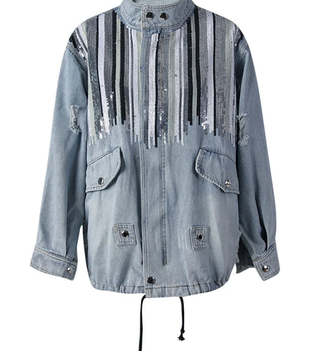 Blue Denim Sequins Drawstring Big Size Jacket New Stand Collar Long Sleeve Women Coat Fashion Spring Autumn 2025 29L8081