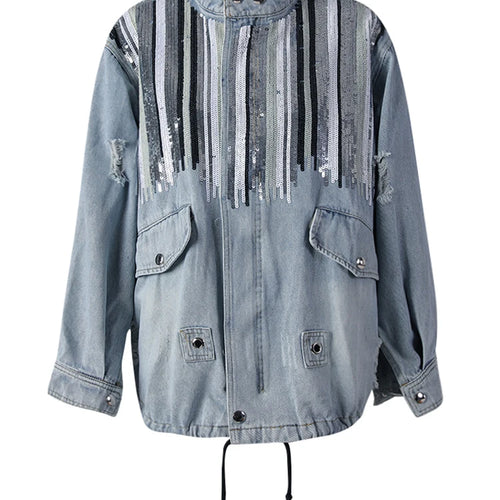Load image into Gallery viewer, Blue Denim Sequins Drawstring Big Size Jacket New Stand Collar Long Sleeve Women Coat Fashion Spring Autumn 2025 29L8081
