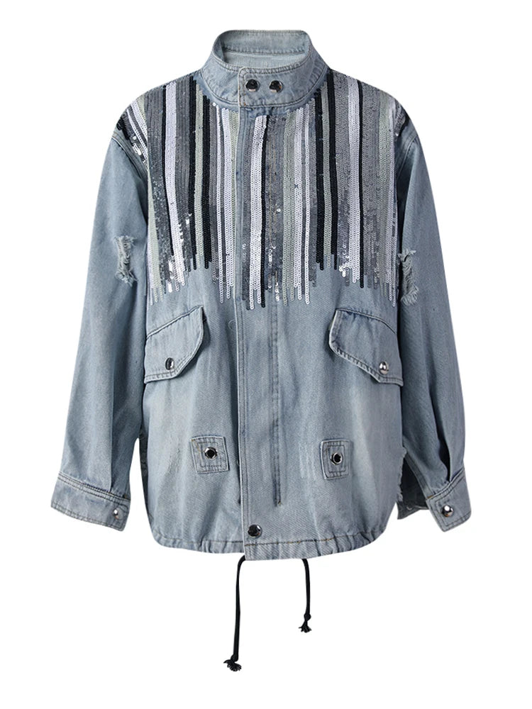 Blue Denim Sequins Drawstring Big Size Jacket New Stand Collar Long Sleeve Women Coat Fashion Spring Autumn 2025 29L8081