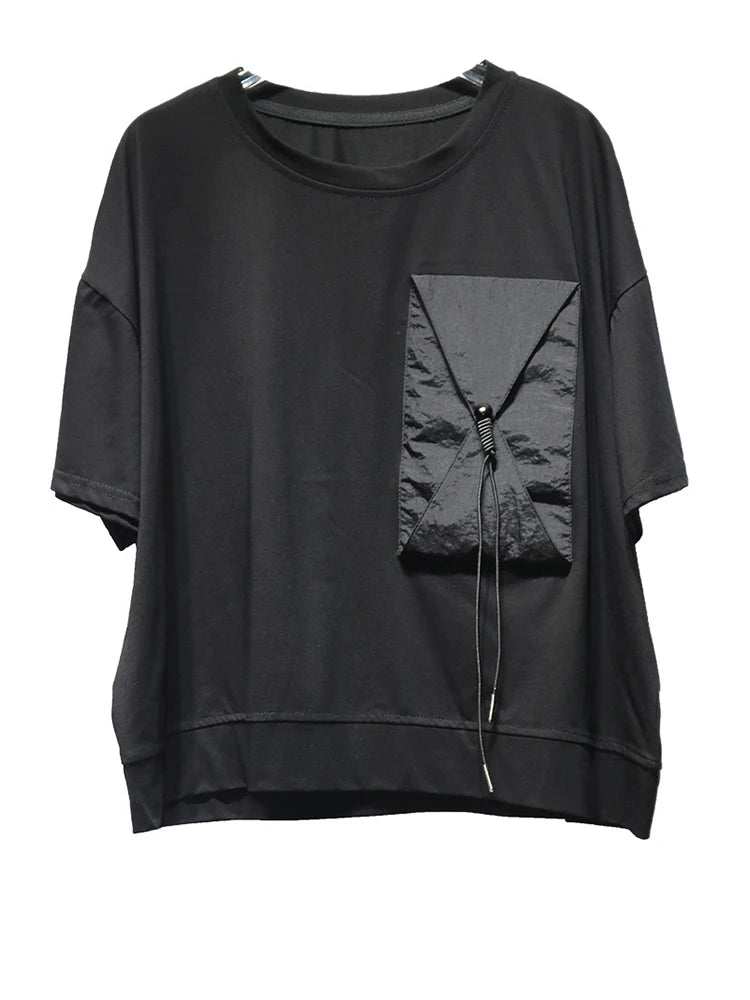 Women Black Pocket Spliced Big Size Casual T-shirt New Round Neck Short Sleeve Fashion Tide Spring Summer 2025 1DJ0898