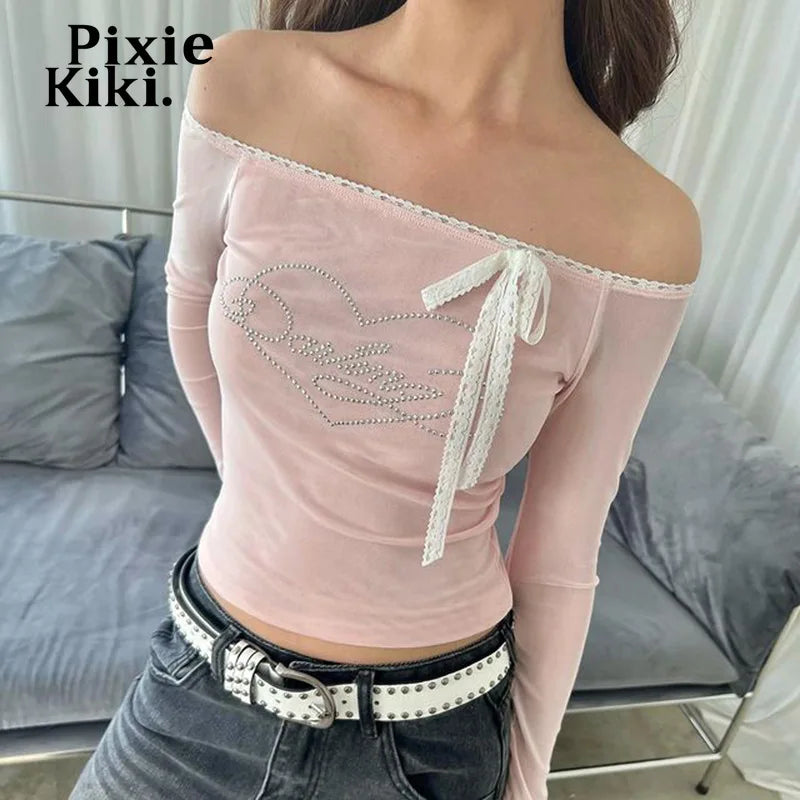 Y2k Lace Bow Rhinestone Mesh Pink Shirts Crop Tops Women 2024 Fall Kawaii Off Shoulder Long Sleeve Tees P84-BI10