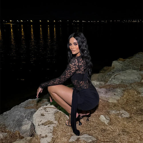 Load image into Gallery viewer, Lace See Through Draped Mini Dress Women Robe Elegant Patchwork Long Sleeve Slim Ruched Club Party Dress Clubwear
