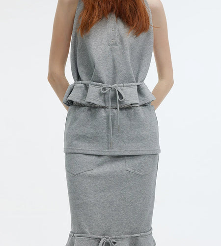 Solid Spliced Lace Up Two Piece Set For Women Hooded Sleeveless Top High Waist Temperament Skirts Female Fashion