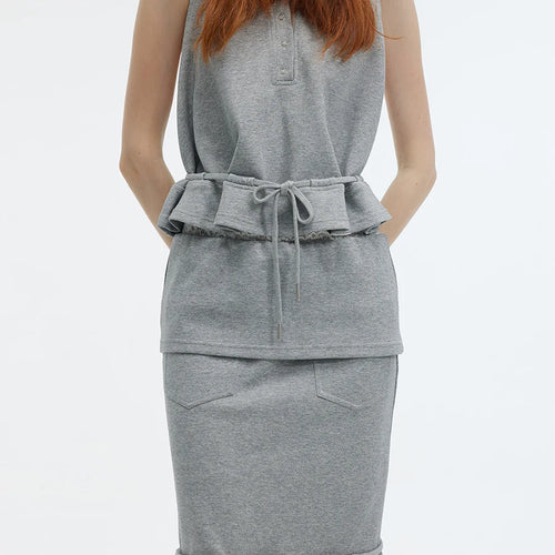 Load image into Gallery viewer, Solid Spliced Lace Up Two Piece Set For Women Hooded Sleeveless Top High Waist Temperament Skirts Female Fashion
