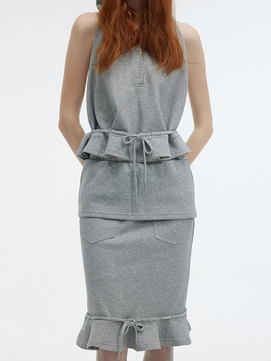 Solid Spliced Lace Up Two Piece Set For Women Hooded Sleeveless Top High Waist Temperament Skirts Female Fashion