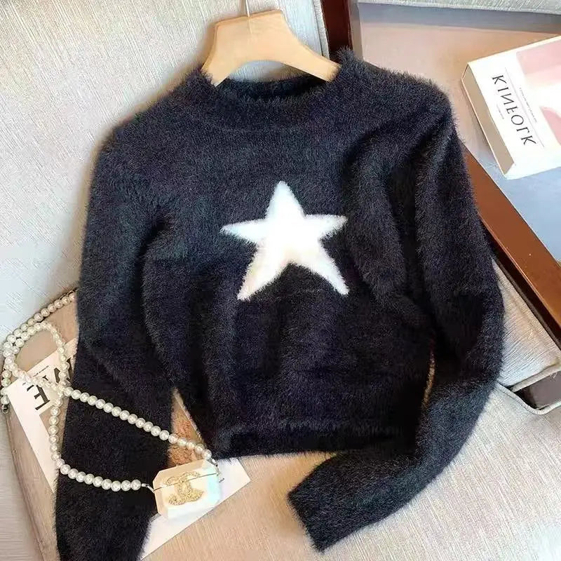 Autumn Winter Black Star Imitation Mink Long Sleeves Knitted Sweater French Fashion Women's Elegant Versatile Pullover Tops Chic