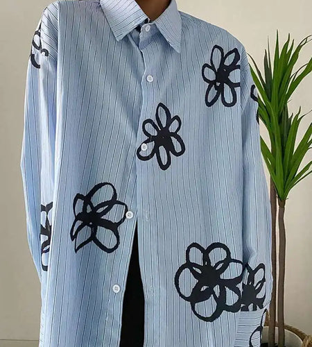 Women Blue Striped Flower Big Size Blouse New Lapel Long Sleeve Loose Fit Shirt Fashion Tide Spring Autumn 2025 1DF1469