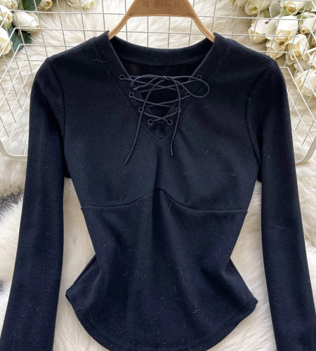 Spring Autumn Two Piece Set Women Black V-neck Lace-up Hairy Long Sleeved Pullover Tops And High Waist Slim Pleated Short Skirts