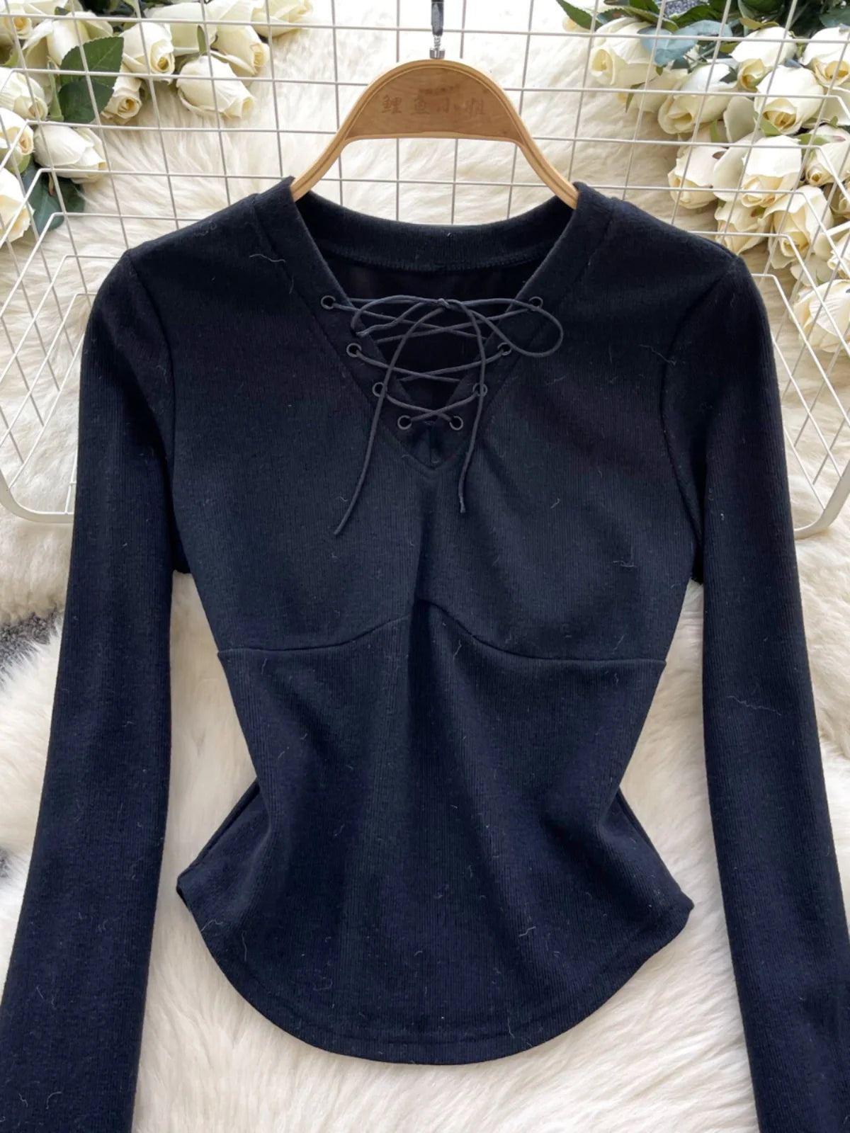 Spring Autumn Two Piece Set Women Black V-neck Lace-up Hairy Long Sleeved Pullover Tops And High Waist Slim Pleated Short Skirts
