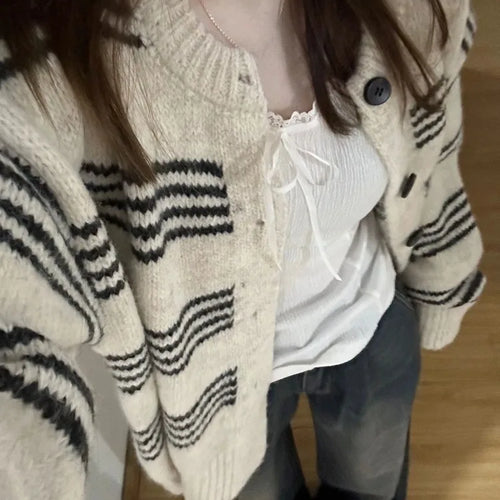 Load image into Gallery viewer, Patchwork Contrast Color Striped Knitted Cardigans Women Y2k Aesthetic Single Breasted Coats New Streetwear Casual Loose Sweater
