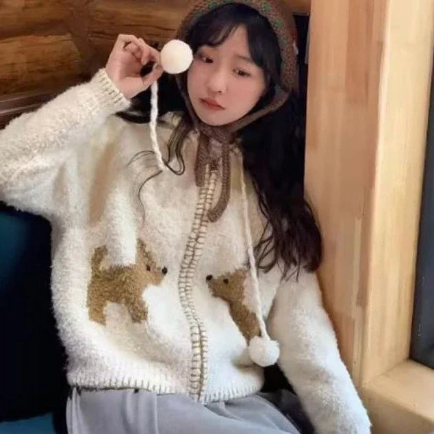 Y2k Aesthetic Streetwear Cartoon  Knitted Hooded Cardigan Fashion Casual Women Zipper Coats Japanese Sweet All Match Loose Tops