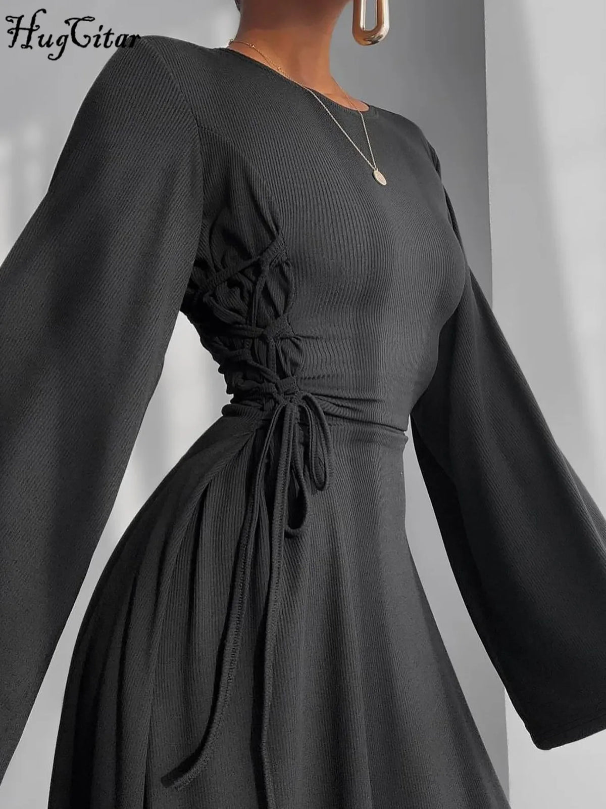 Ribbed Solid O Neck Long Flare Sleeve Bandage Sexy Bodycom Maxi Dress Fall Elegant Y2K Outfits Birthday Party Outfits