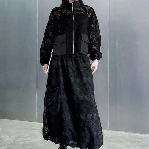 Load image into Gallery viewer, Black Lace Jacket Pocket Skirt Two Pieces Suit New Stand Collar Long Sleeve Women Fashion Tide Spring Autumn 2025 1DJ0248
