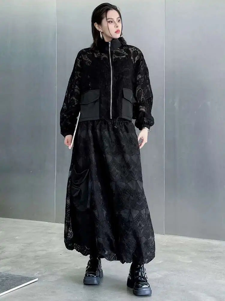Black Lace Jacket Pocket Skirt Two Pieces Suit New Stand Collar Long Sleeve Women Fashion Tide Spring Autumn 2025 1DJ0248