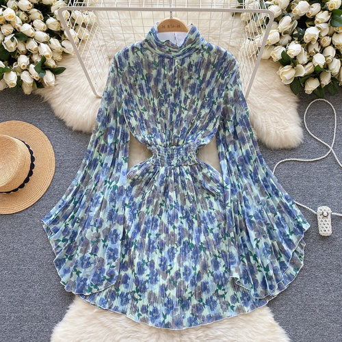 Load image into Gallery viewer, French Women Elegant Floral Print Half High Collar Slim Midi Dress 2023 Autumn Flared Long Sleeve Fashion Vacation Pleated Dress
