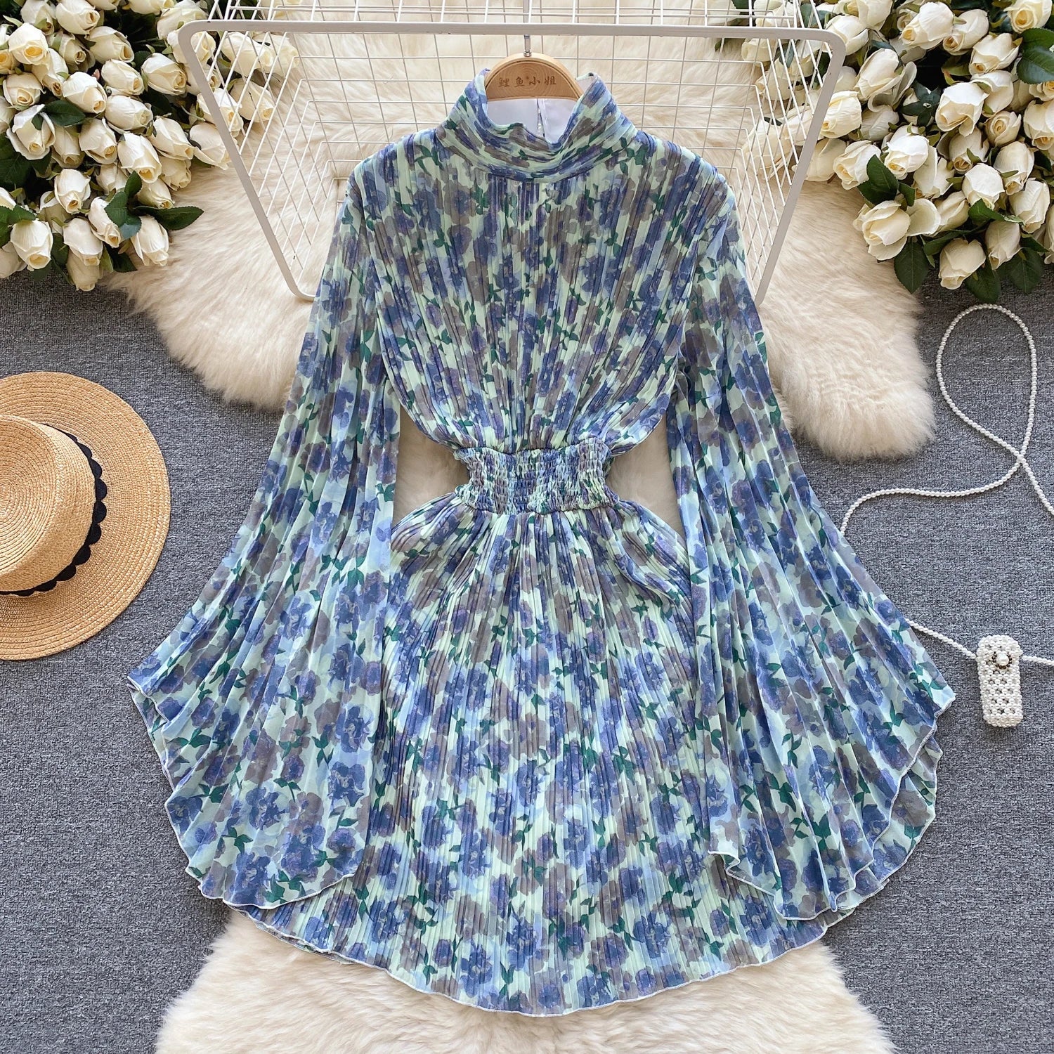 French Women Elegant Floral Print Half High Collar Slim Midi Dress 2023 Autumn Flared Long Sleeve Fashion Vacation Pleated Dress