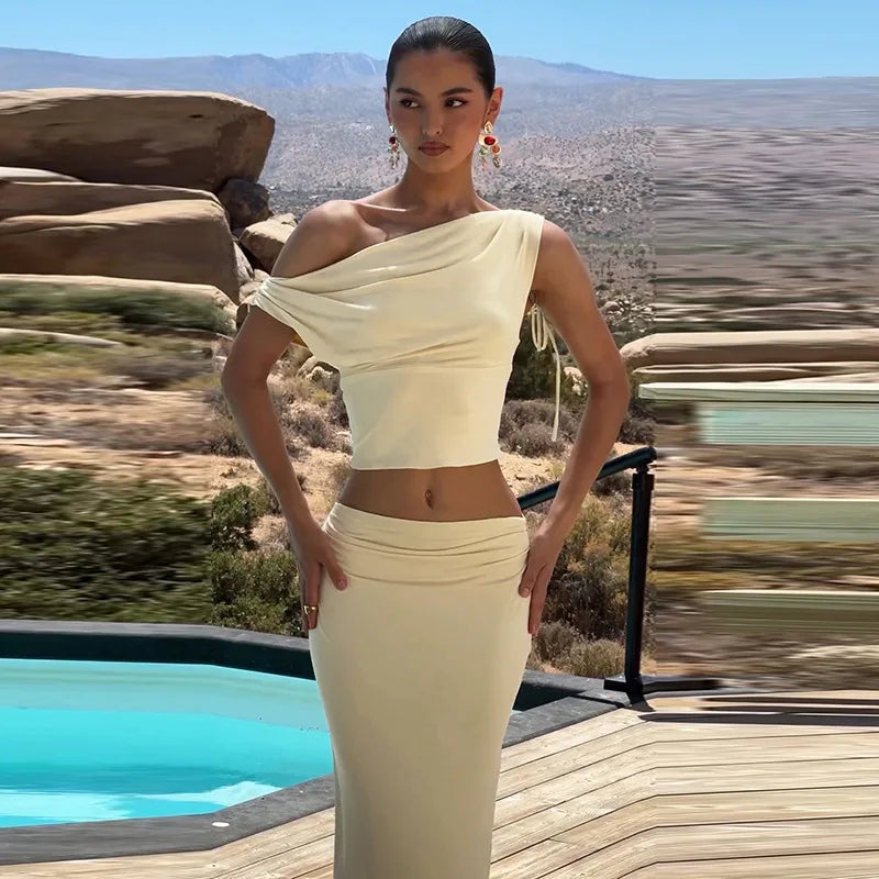 Sexy Skirt Two Pieces Sets For Women Sleeveless Slim Fit Off-shoulder Crop Top And Long Skirt Sexy Two Pieces Sets