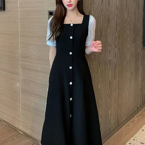 Load image into Gallery viewer, Korean Style Black Dress Women Vintage Square Collar Long Sleeve Midi Dresses Kpop Fashion Autumn Robes Female
