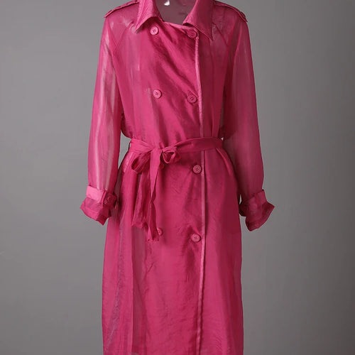 Load image into Gallery viewer, Women Rose Red Mesh Perspective Big Size Long Trench New Lapel Long Sleeve Windbreaker Fashion Spring Autumn 2025 5R4385
