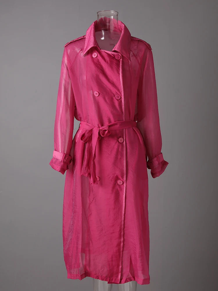 Women Rose Red Mesh Perspective Big Size Long Trench New Lapel Long Sleeve Windbreaker Fashion Spring Autumn 2025 5R4385