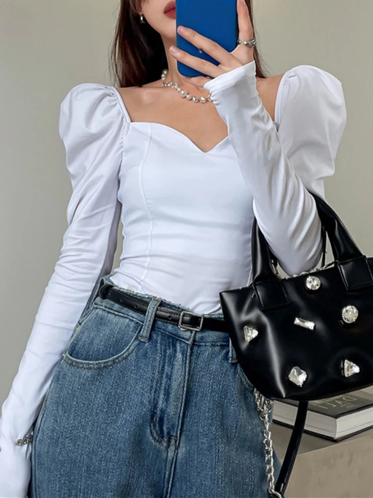 Slim Minimalist Shirt For Women Square Collar Long Sleeve Solid Blouses Female Spring Clothing Style Fashion