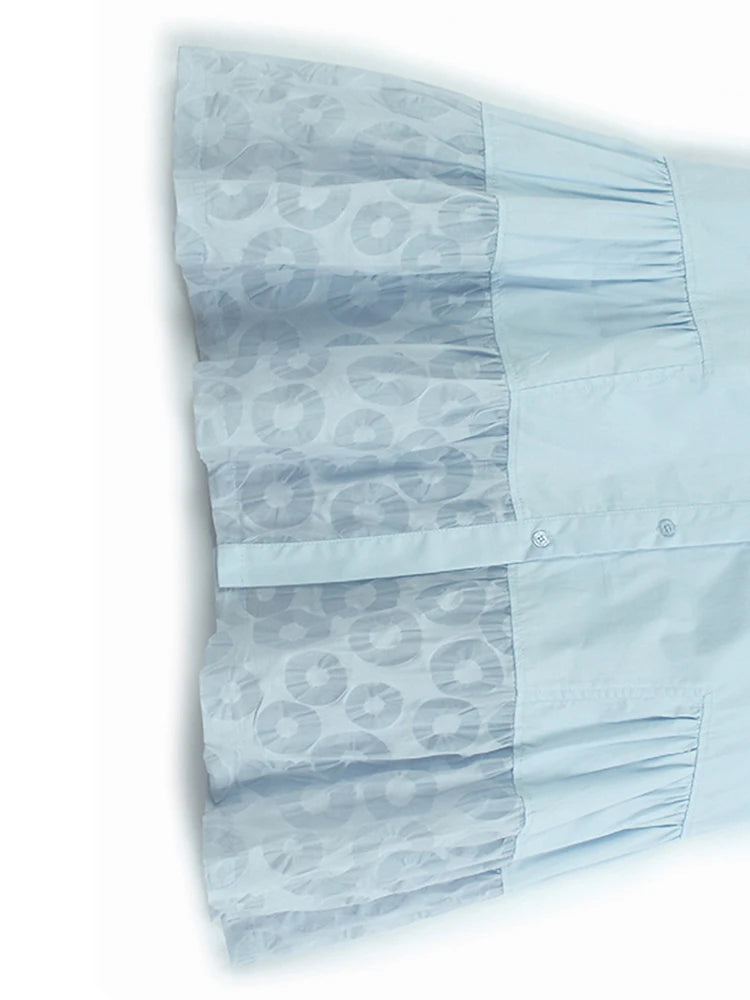 Women Blue Circle Printed Spliced Big Size Midi Shirt Dress New Lapel Short Sleeve Fashion Tide Spring Summer 2025 1DJ1356