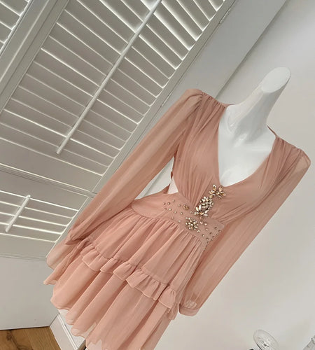 French Pink Diamond Long Sleeved High Waist Pleated Dress For Women Spring Autumn 2025 New Hollow Out Ruffles Vacation Dress New