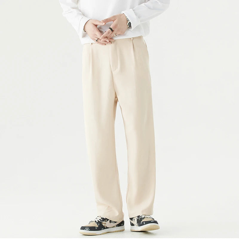 Korean Style Men's Suit Pants Casual Pleated Pockets Straight Leg Solid Color Male Loose Trousers New Spring 2025 9C6765