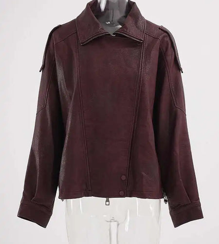 PU Leather Wine Red Vintage Big Size Jacket New Lapel Long Sleeve Women Coat Fashion Tide Spring Autumn 2025 CP6A0015