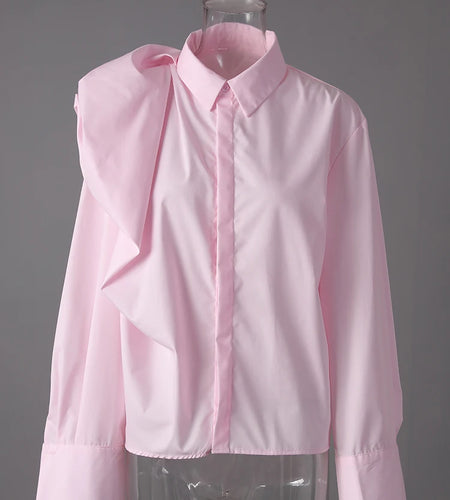 Women pink Color Irregular Shaped Big Size Blouse New Lapel Long Sleeve Shirt Fashion Tide Spring Autumn 2025 CPG3292