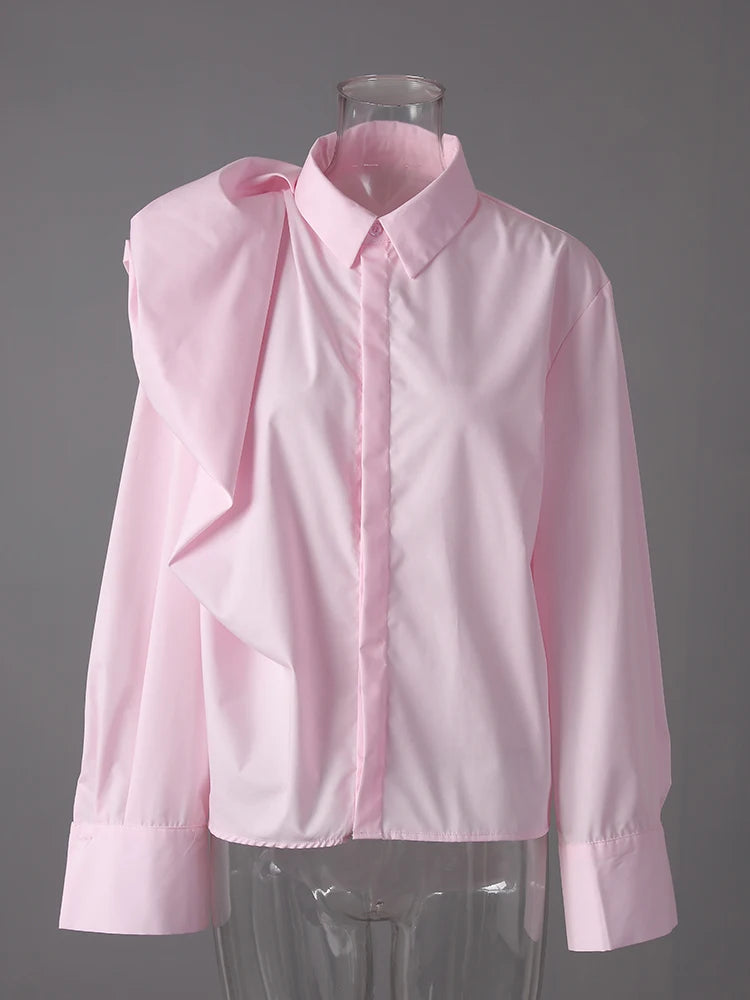 Women pink Color Irregular Shaped Big Size Blouse New Lapel Long Sleeve Shirt Fashion Tide Spring Autumn 2025 CPG3292