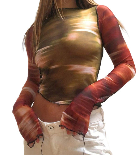 Sexy Women Mesh Tops Fashion Tie-dye Print See Through Long Sleeve T-shirt Pullovers y2k Spring Autumn Harajuku Clothes