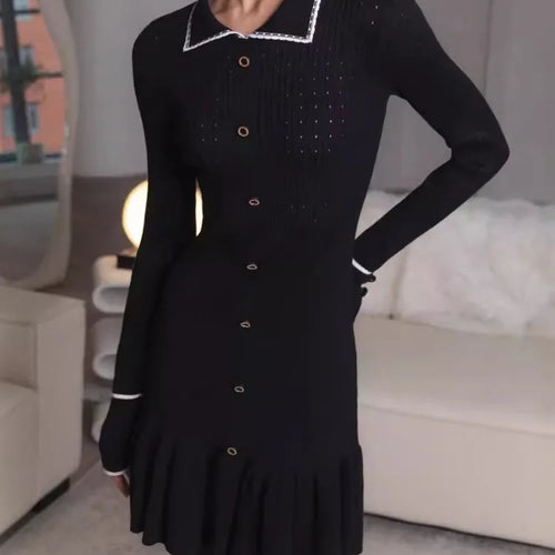 Load image into Gallery viewer, Autumn Long Sleeve Knit Dress For Women Fashion Lapel Single-btrasted Button High Waist Ruffled Mini Dress Knitwear
