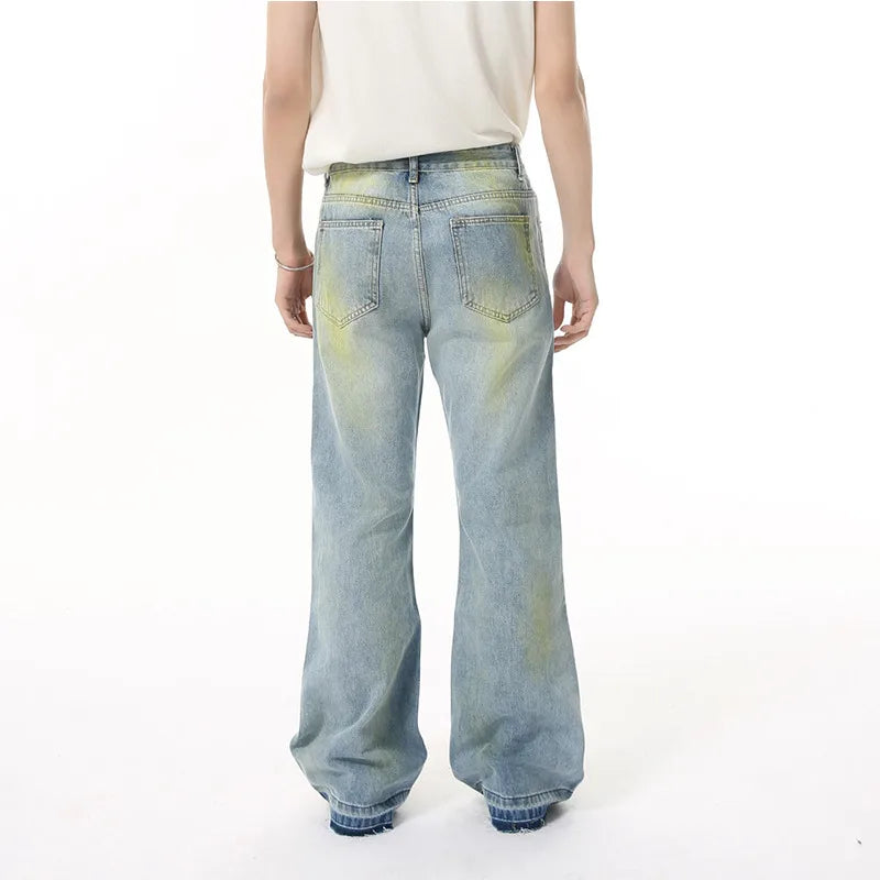 High Street Men's Jeans New American Style Vintage Tie Dye Design Micro Flared Male Washed Denim Jeans Summer 9W1841