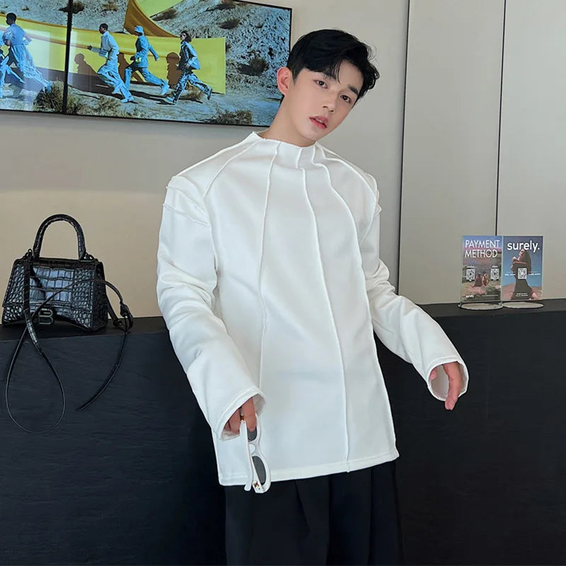 Korean Style Long Sleeve T-shirt Trend Men's Handsome Pullover Niche Design Silhouette Lines Fashion Solid Color Tee 9C1461