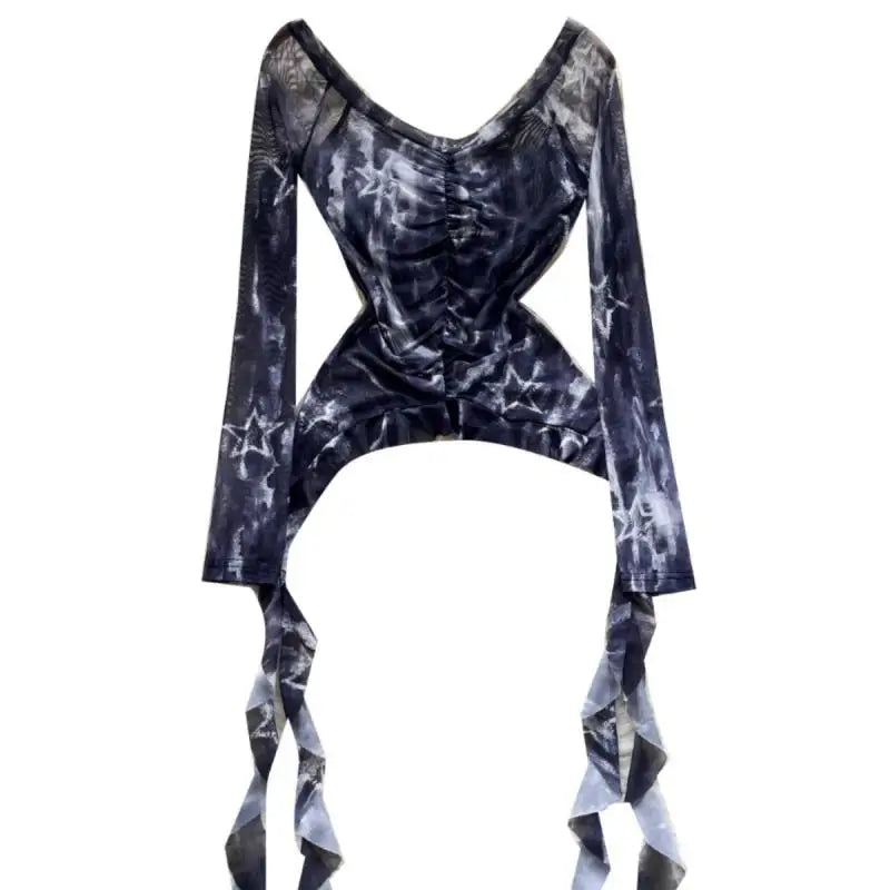 Vintage 2024 Autumn New Fashion Print Ruffle Edge Mesh Tops Korean Women's V Neck Slim Long Sleeved Asymmetrical Pleated T-shirt