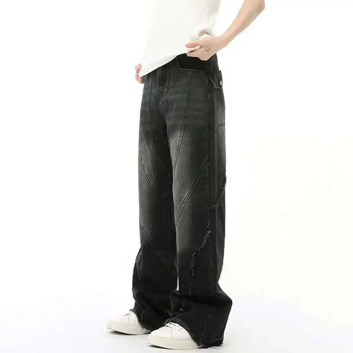 Load image into Gallery viewer, Simple Men's Denim Pants Raw Edge Tassel Design Solid Color Straight Casual Bottom Wide Leg Loose Male Jeans Stylish 9C8080
