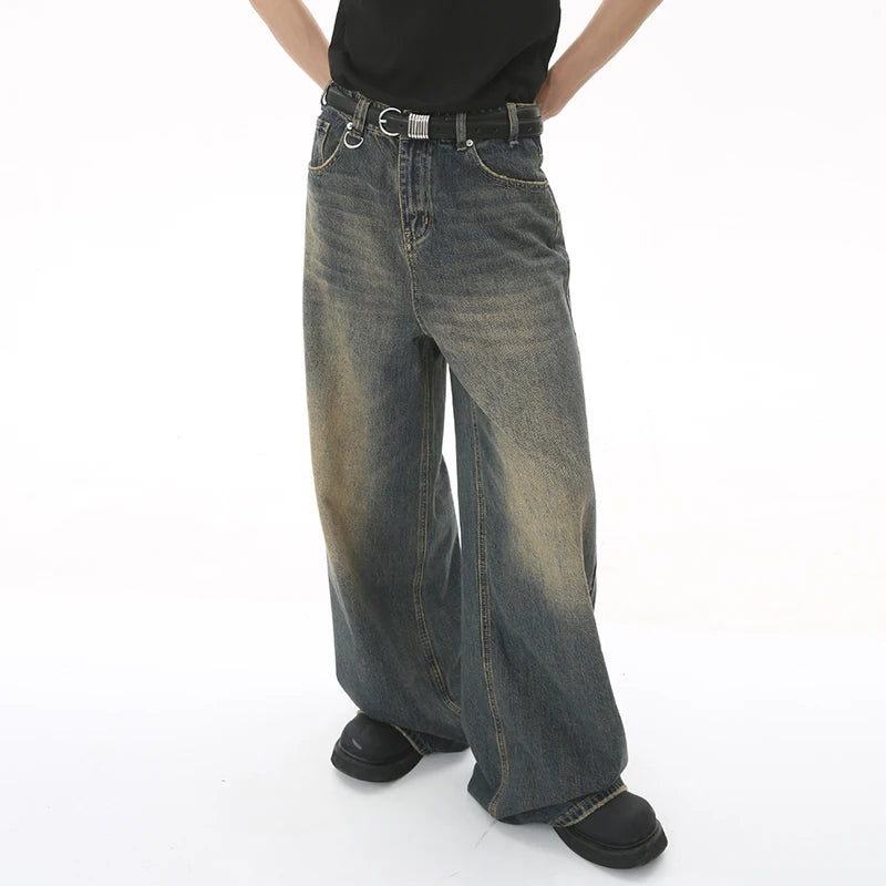 Vintage Men's Jeans New Fashion Washed Wide Leg Denim Pants Casual Loose Male Versatile Trousers Black Autumn 9C354