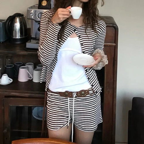 Load image into Gallery viewer, Casual Striped Women Two Pieces Set Long Sleeve Single Breasted T-shirt+Mini Short Homewear Suits Y2K Slim Tracksuits
