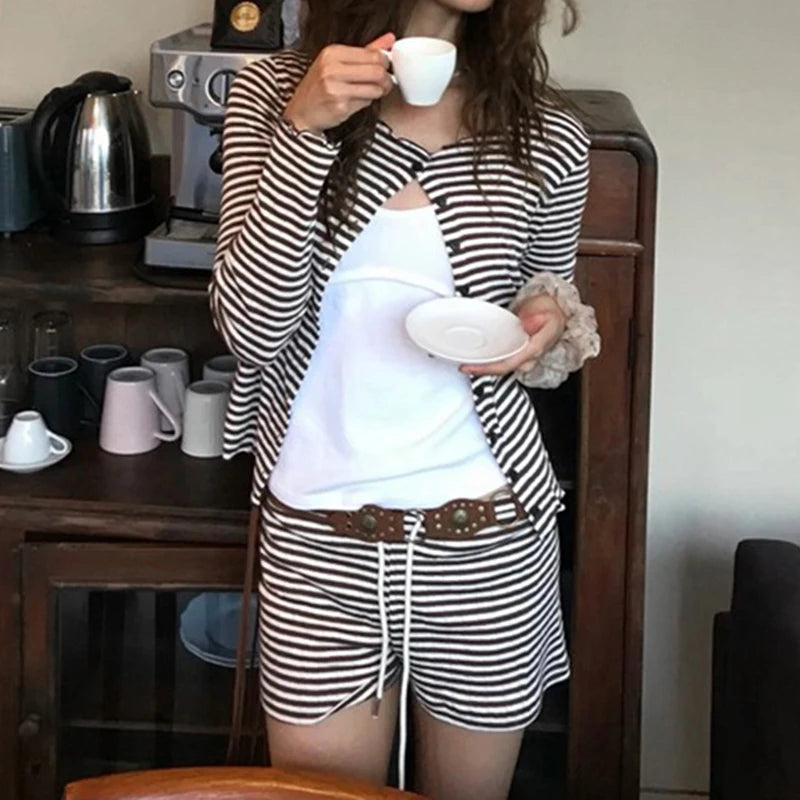 Casual Striped Women Two Pieces Set Long Sleeve Single Breasted T-shirt+Mini Short Homewear Suits Y2K Slim Tracksuits