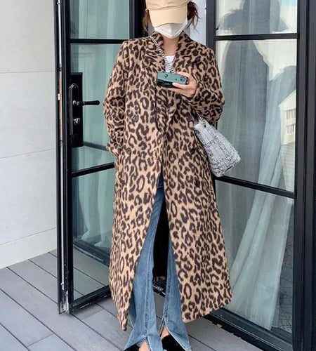 Leopard Print Thick Big Size Long Woolen Coat New Lapel Long Sleeve Women Jacket Fashion Tide Autumn Winter 2025 1DH8599