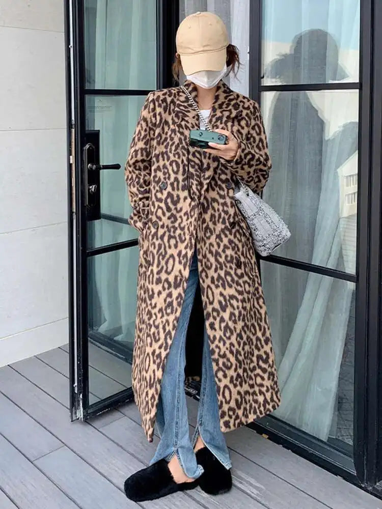 Leopard Print Thick Big Size Long Woolen Coat New Lapel Long Sleeve Women Jacket Fashion Tide Autumn Winter 2025 1DH8599